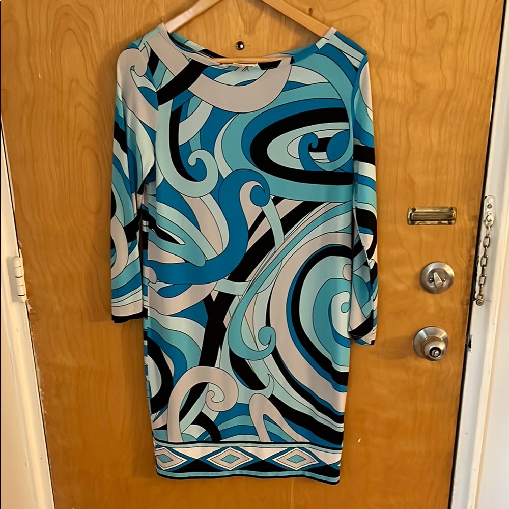 Gently used Michael Kors Blue and White Sheath Dress 3/4 Sleeve Bateau Neck